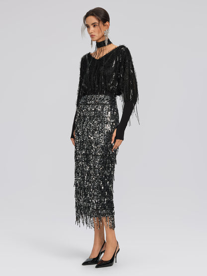 Batwing Stretch Sequin Fringe Top