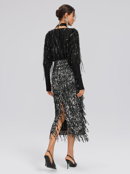 Batwing Stretch Sequin Fringe Top