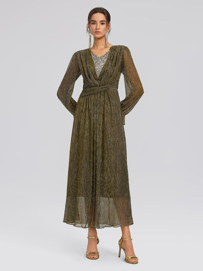 Pleated Lurex Crystal V-Neck Dress