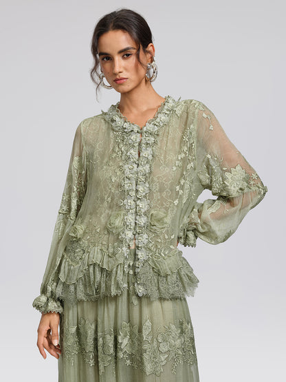 Hand-Dyed Silk Embroidered Floral Top