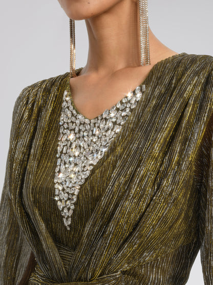 Pleated Lurex Crystal V-Neck Dress