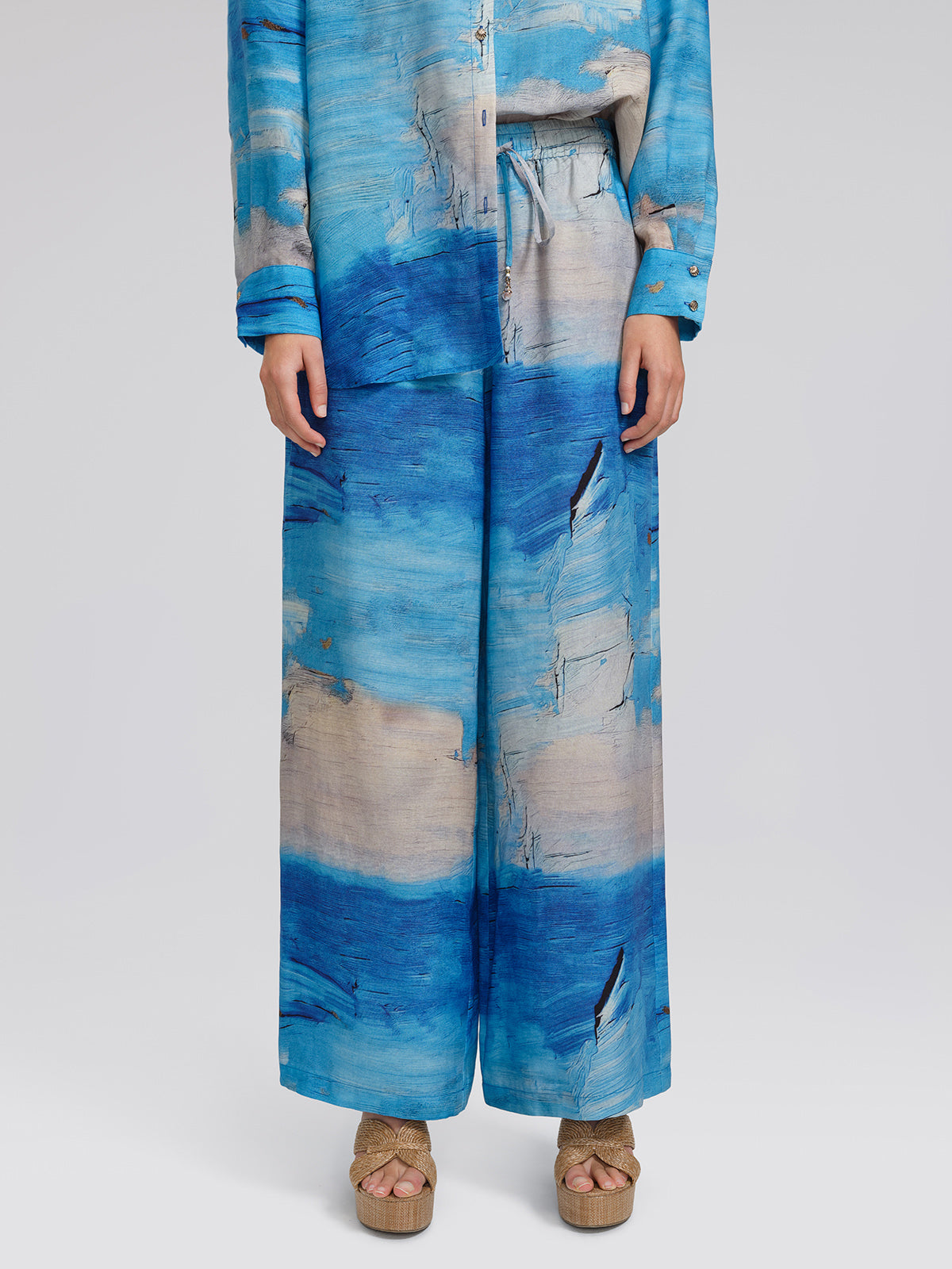 Blue Oil Painting Print Wide-Leg Pants
