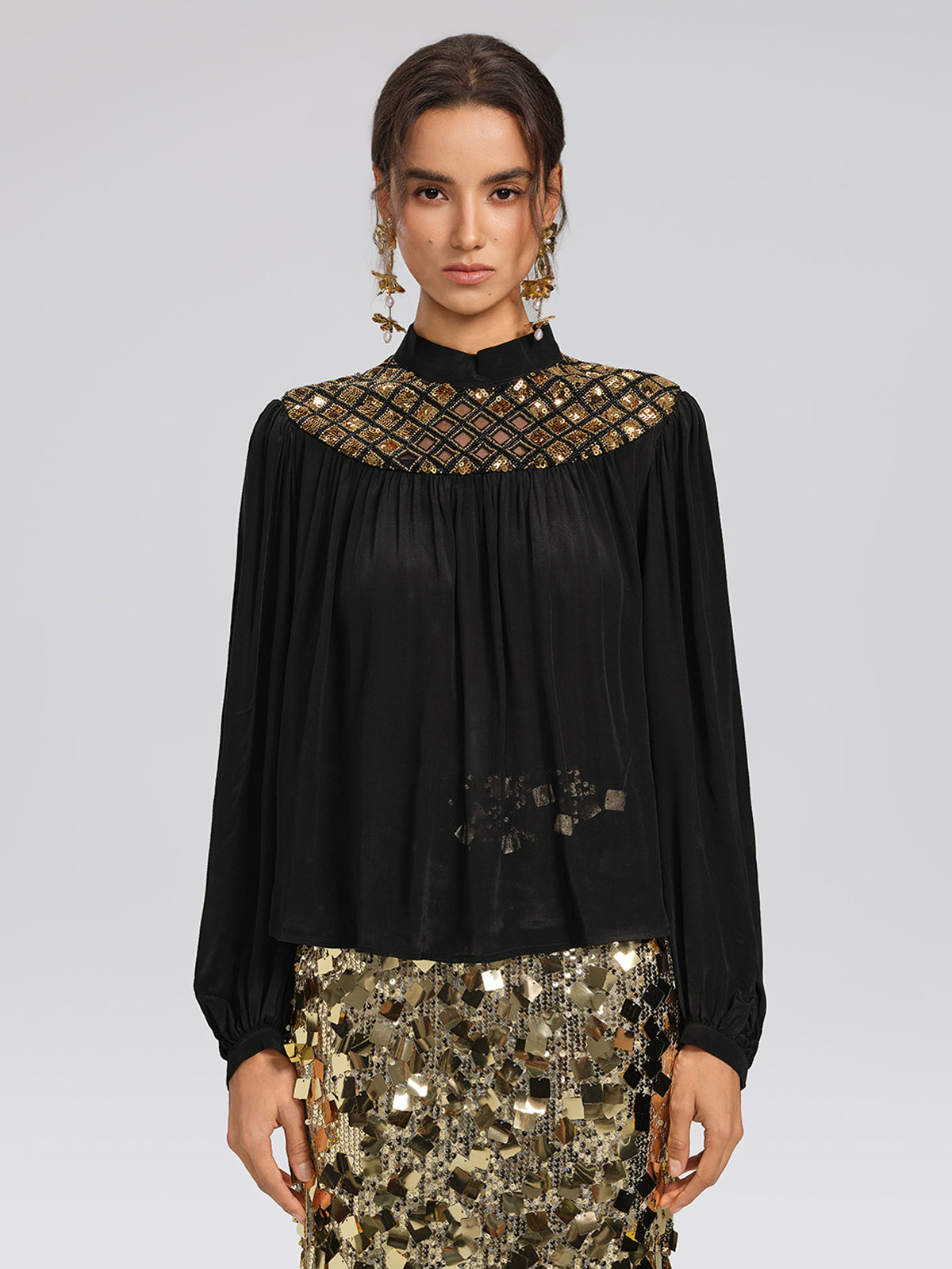 Chiffon Sequin Stand Collar Blouse