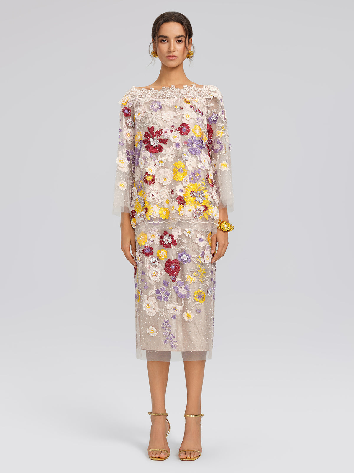 Floral Embroidered Beaded Lace Panel Top