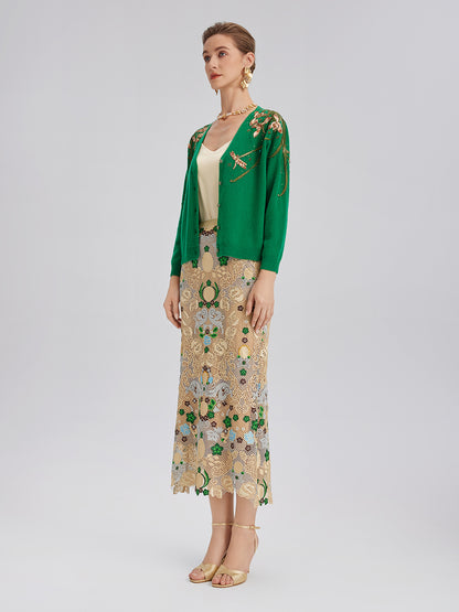 Wool Hand-Beaded Embroidered Cardigan (100% Wool)