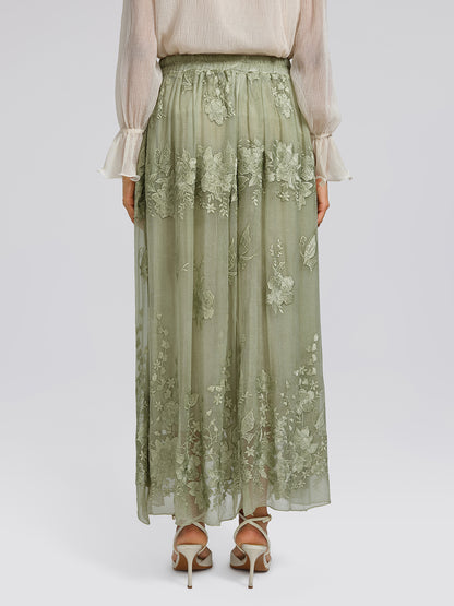Hand-Dyed Embroidered Elastic-Waist Skirt
