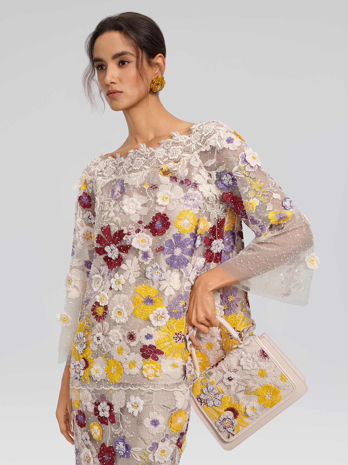 Floral Embroidered Beaded Lace Panel Top