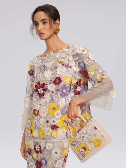 Floral Embroidered Beaded Lace Panel Top