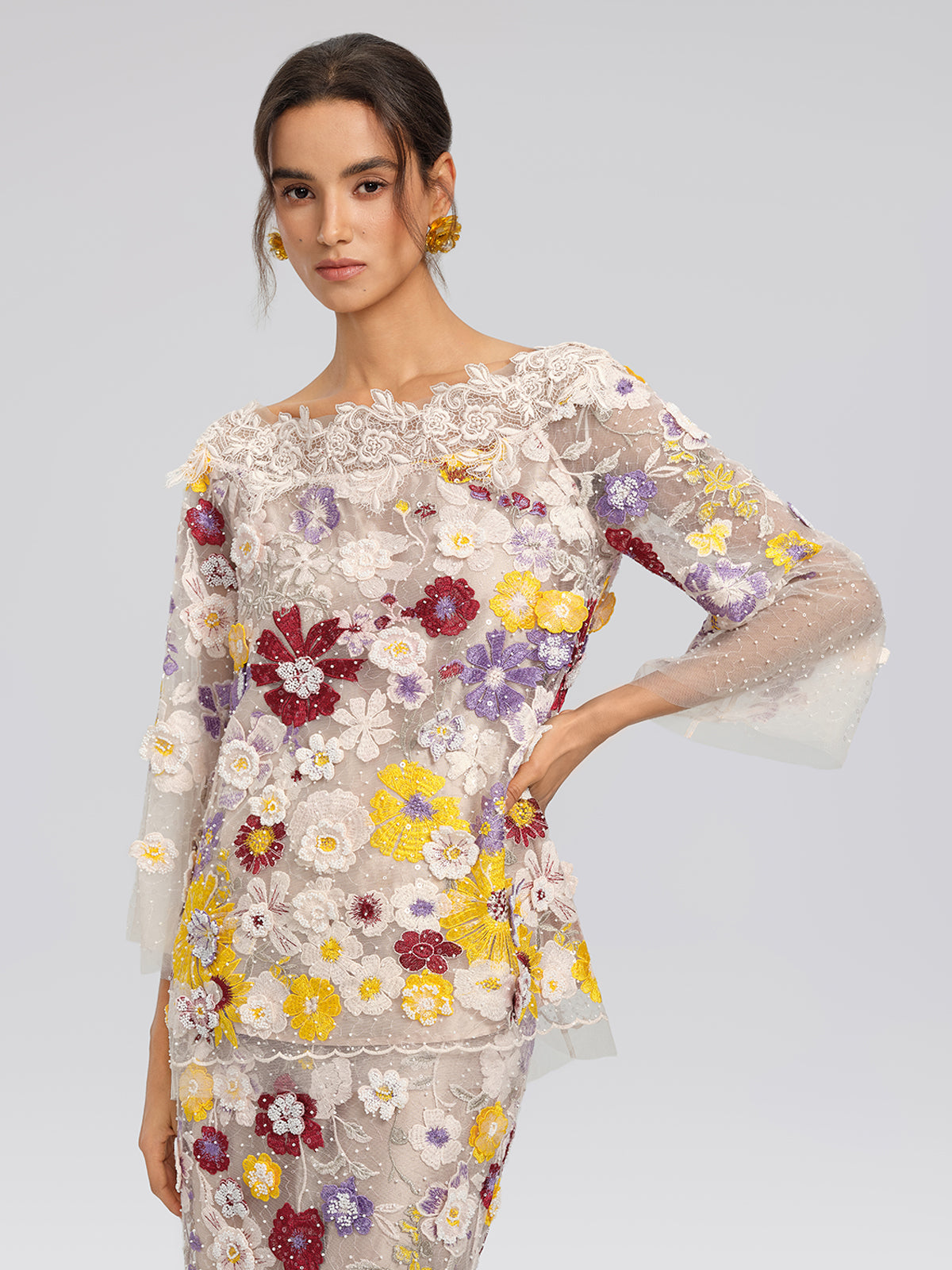 Floral Embroidered Beaded Lace Panel Top