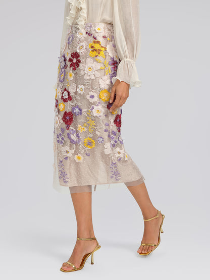 Beaded Floral Embroidered Sheer Mesh Skirt