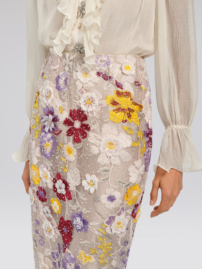 Beaded Floral Embroidered Sheer Mesh Skirt