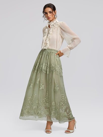 Hand-Dyed Embroidered Elastic-Waist Skirt