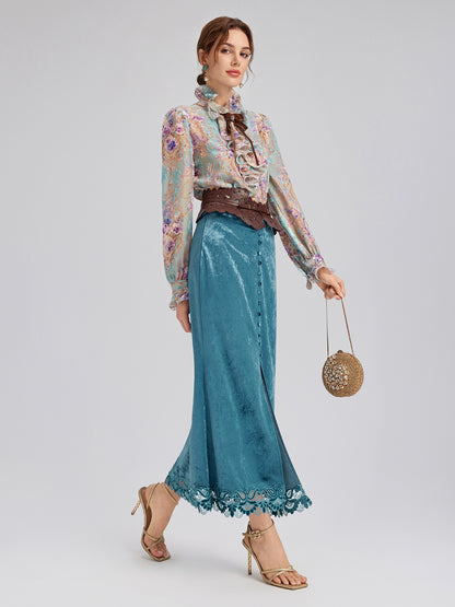 Velvet Lace-Trim Front Slit Fishtail Skirt