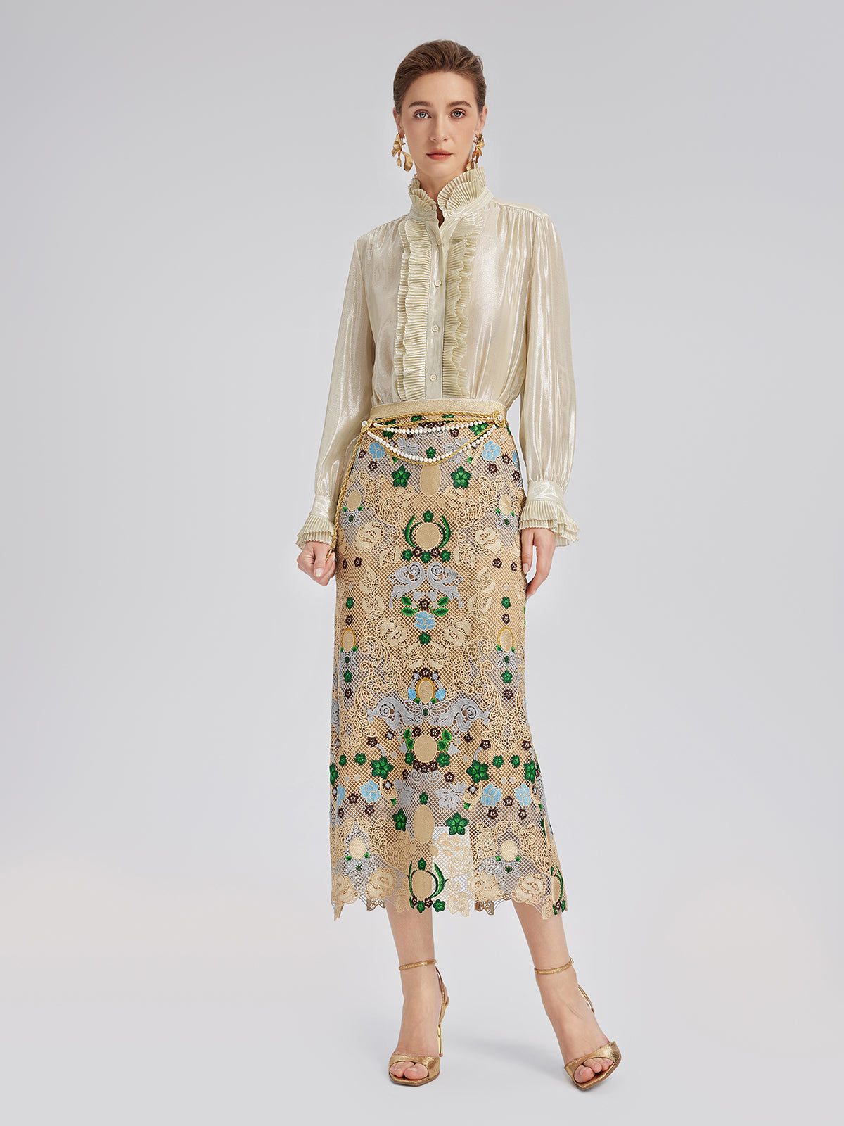 Silk Metallic-Sheen Pleated Shirt