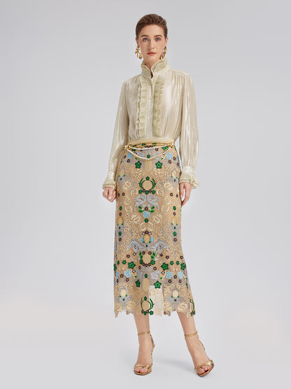 Silk Metallic-Sheen Pleated Shirt