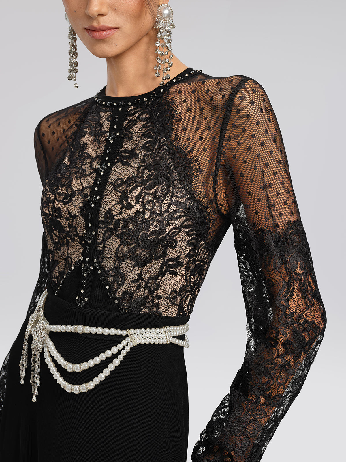 French Lace-Panel High-Waist Dress