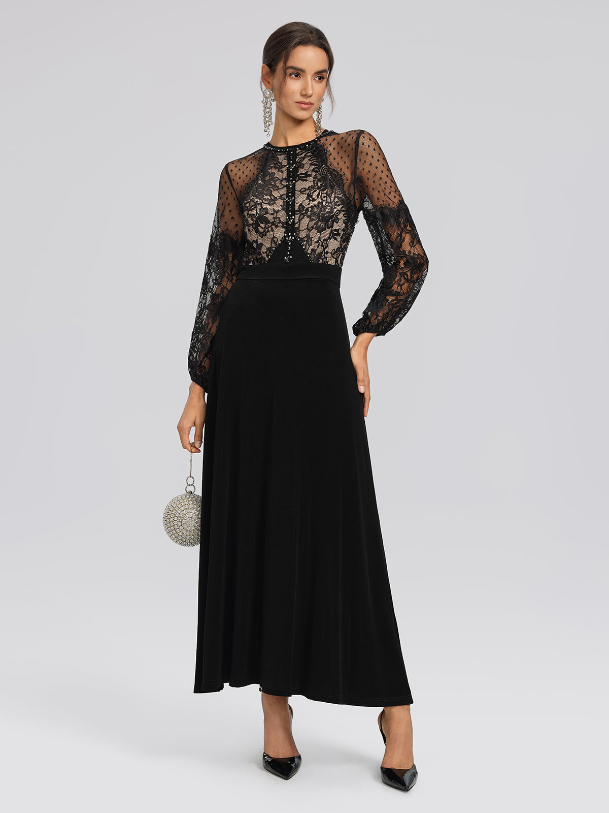 French Lace-Panel High-Waist Dress