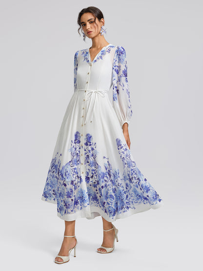 V-Neck Lantern-Sleeve Maxi Dress (Waist Tie & Slip Dress Included)