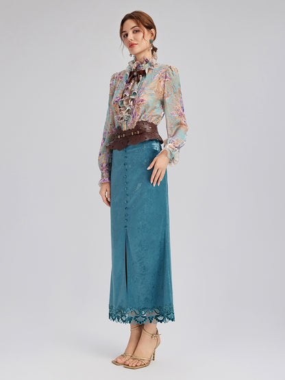Velvet Lace-Trim Front Slit Fishtail Skirt