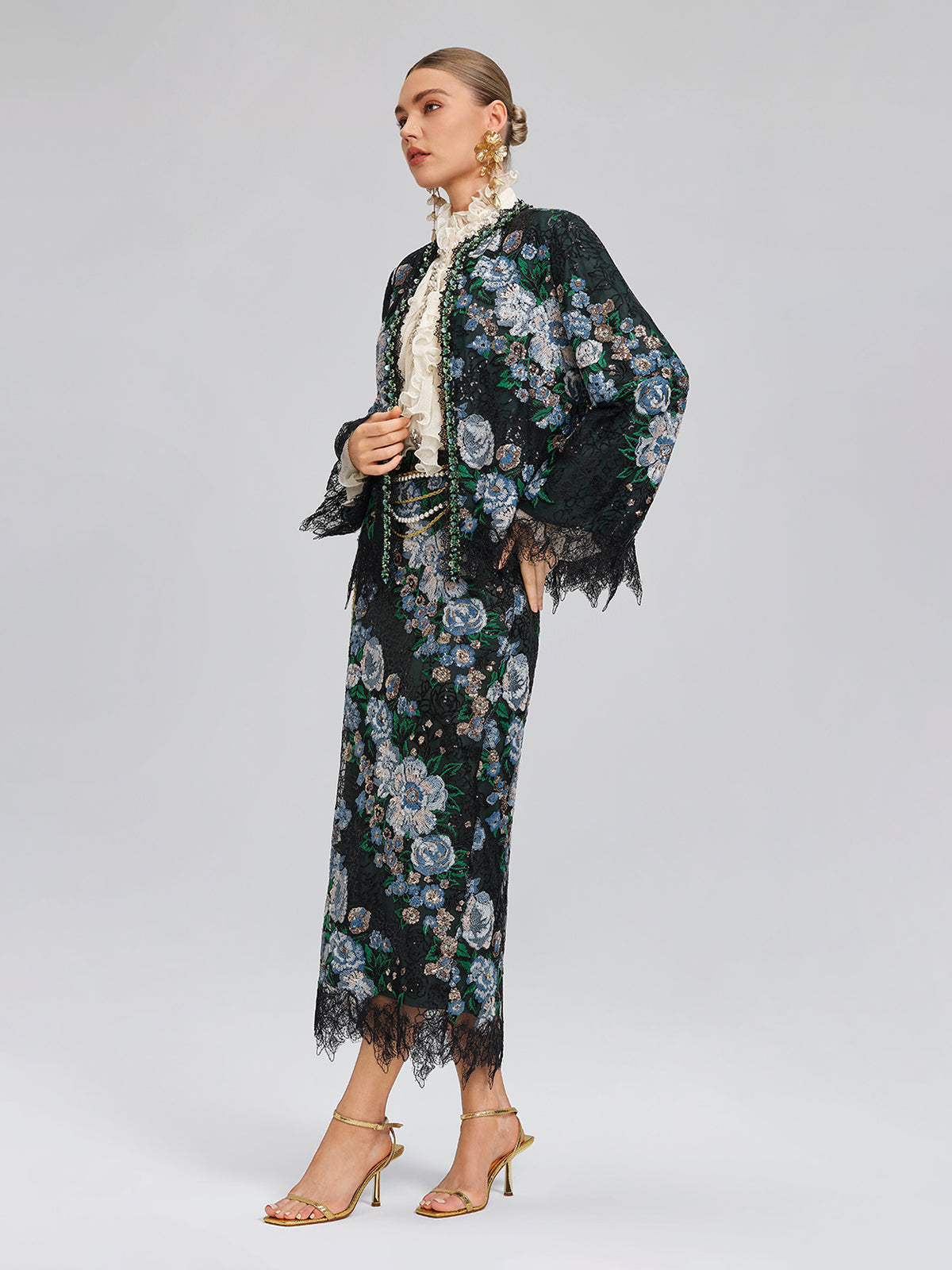 Sequin Lace-Trim Hand-Beaded Crystal Jacket
