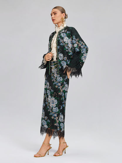 Sequin Lace-Trim Hand-Beaded Crystal Jacket