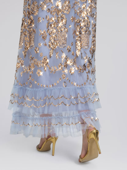Gold Foil Mesh Heavywork Maxi Dress (Waist Tie Included)