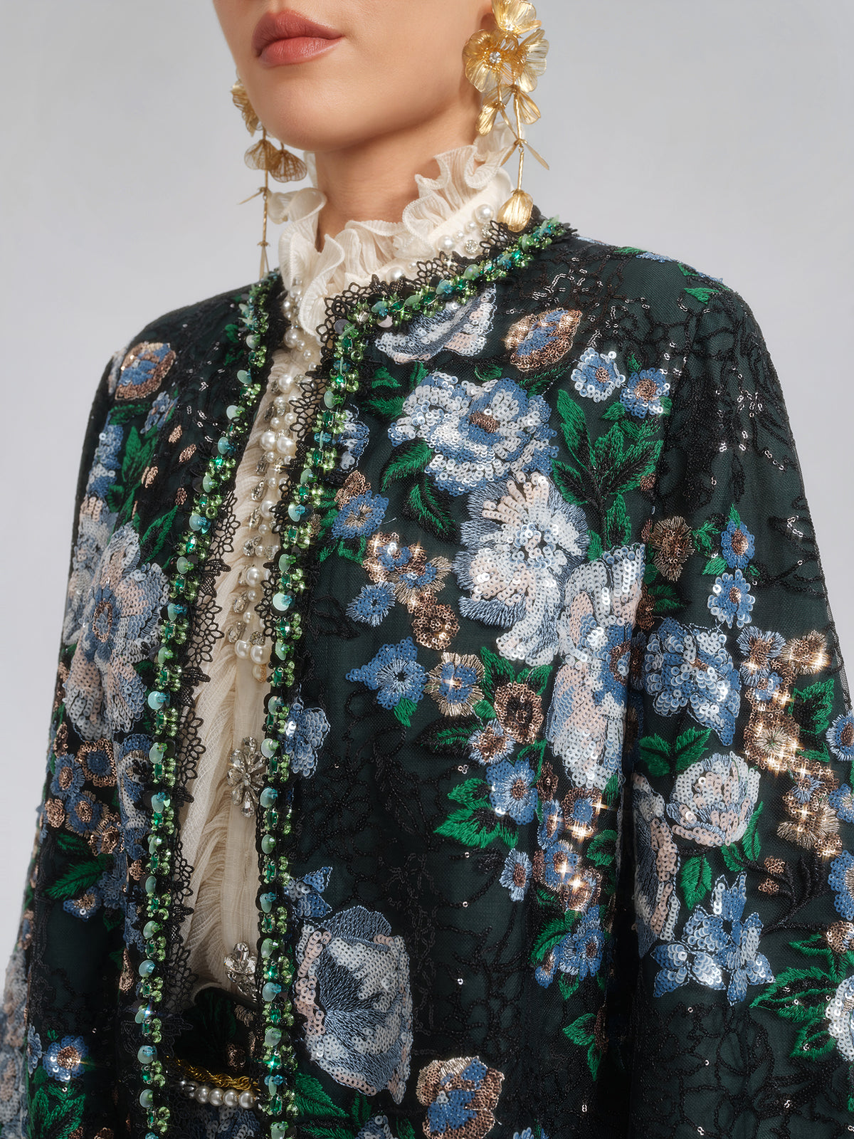 Sequin Lace-Trim Hand-Beaded Crystal Jacket