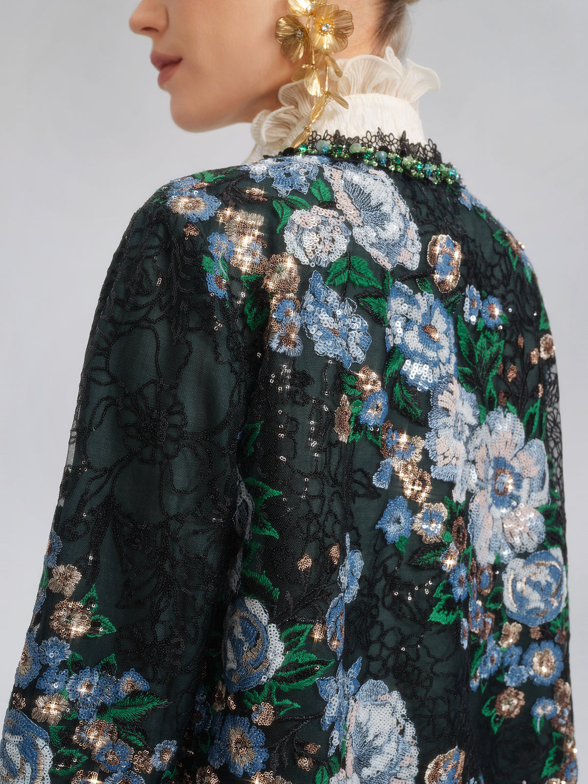 Sequin Lace-Trim Hand-Beaded Crystal Jacket