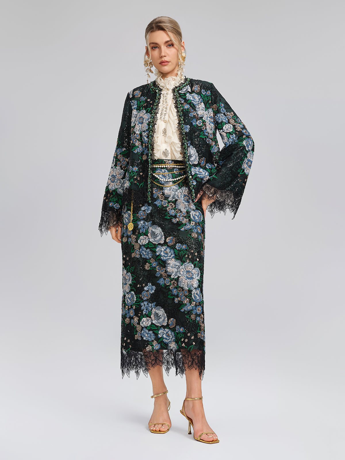 Sequin Lace-Trim Hand-Beaded Crystal Jacket