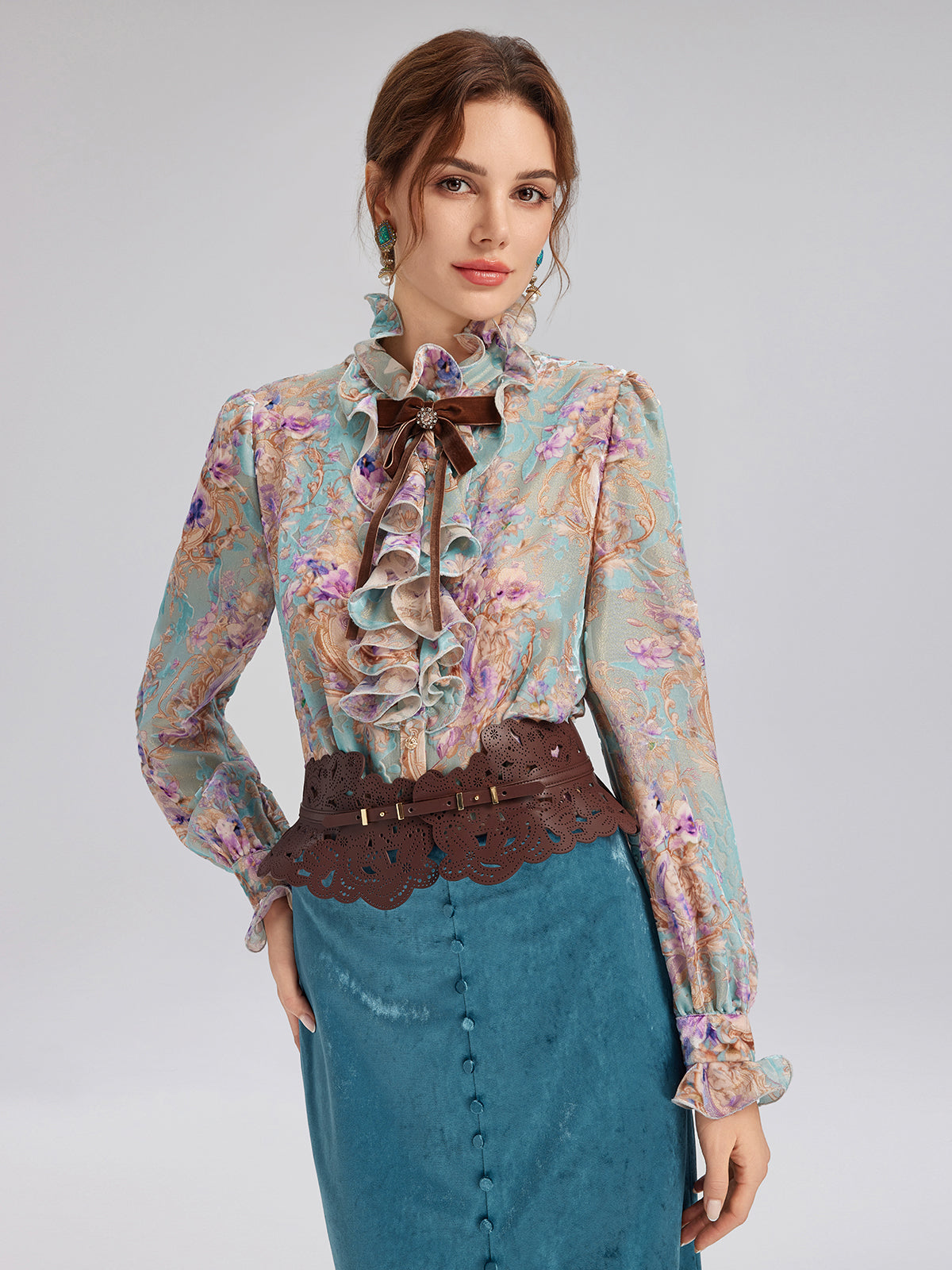 Silk Velvet Devoré Ribbon Bow Ruffle Blouse