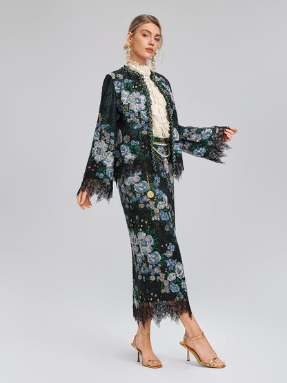 Sequin Lace-Trim Hand-Beaded Crystal Jacket