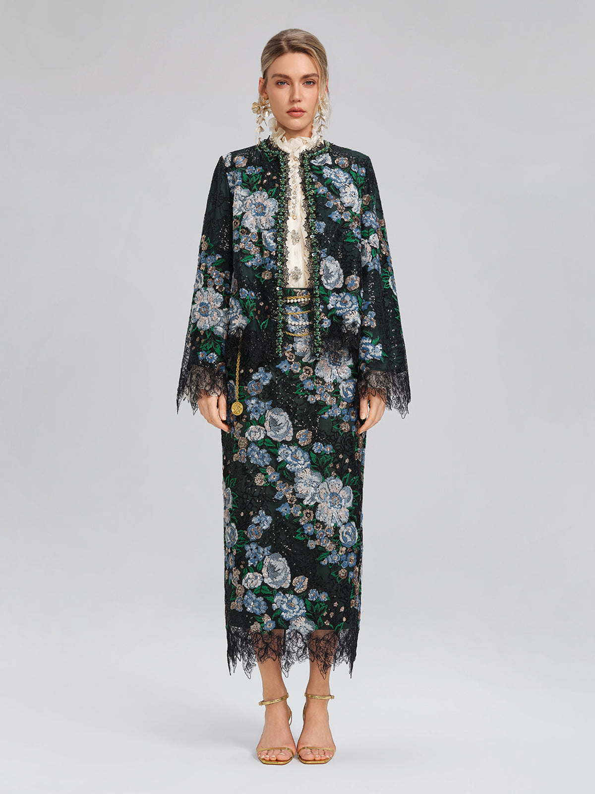 Sequin Lace-Trim Hand-Beaded Crystal Jacket