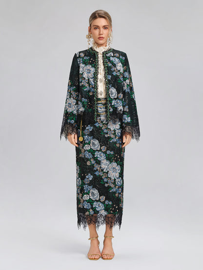 Sequin Lace-Trim Hand-Beaded Crystal Jacket