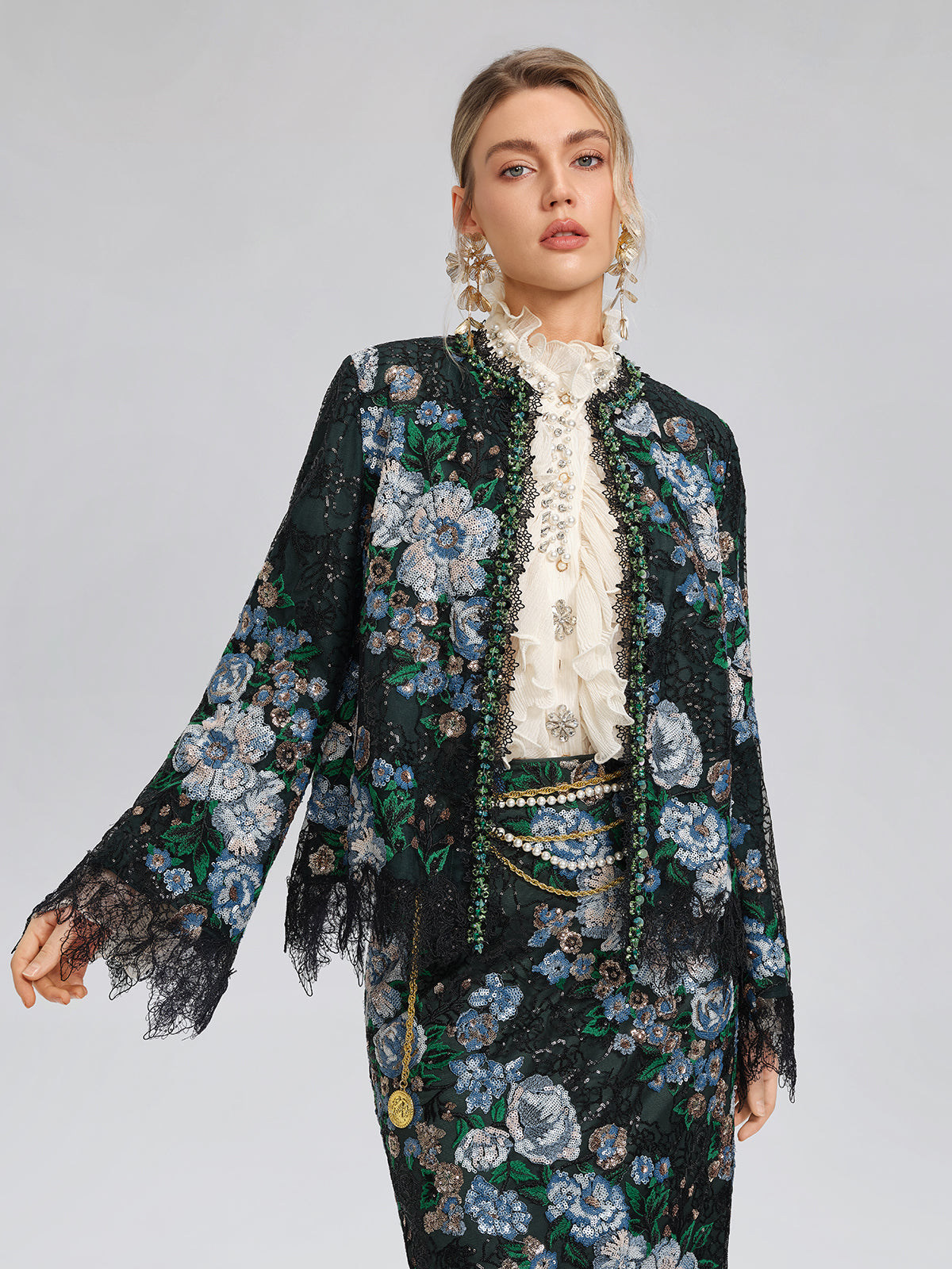 Sequin Lace-Trim Hand-Beaded Crystal Jacket