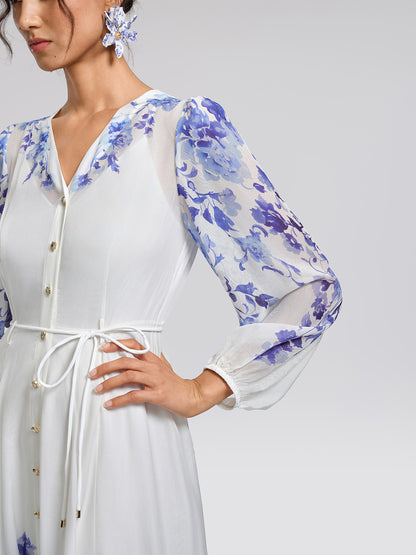 V-Neck Lantern-Sleeve Maxi Dress (Waist Tie & Slip Dress Included)