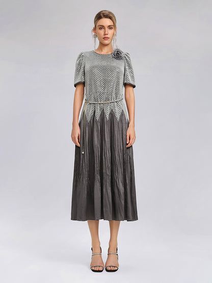 Sequin Puff-Sleeve Pleated Panel Dress (Floral Brooch & Waist Chain Included)