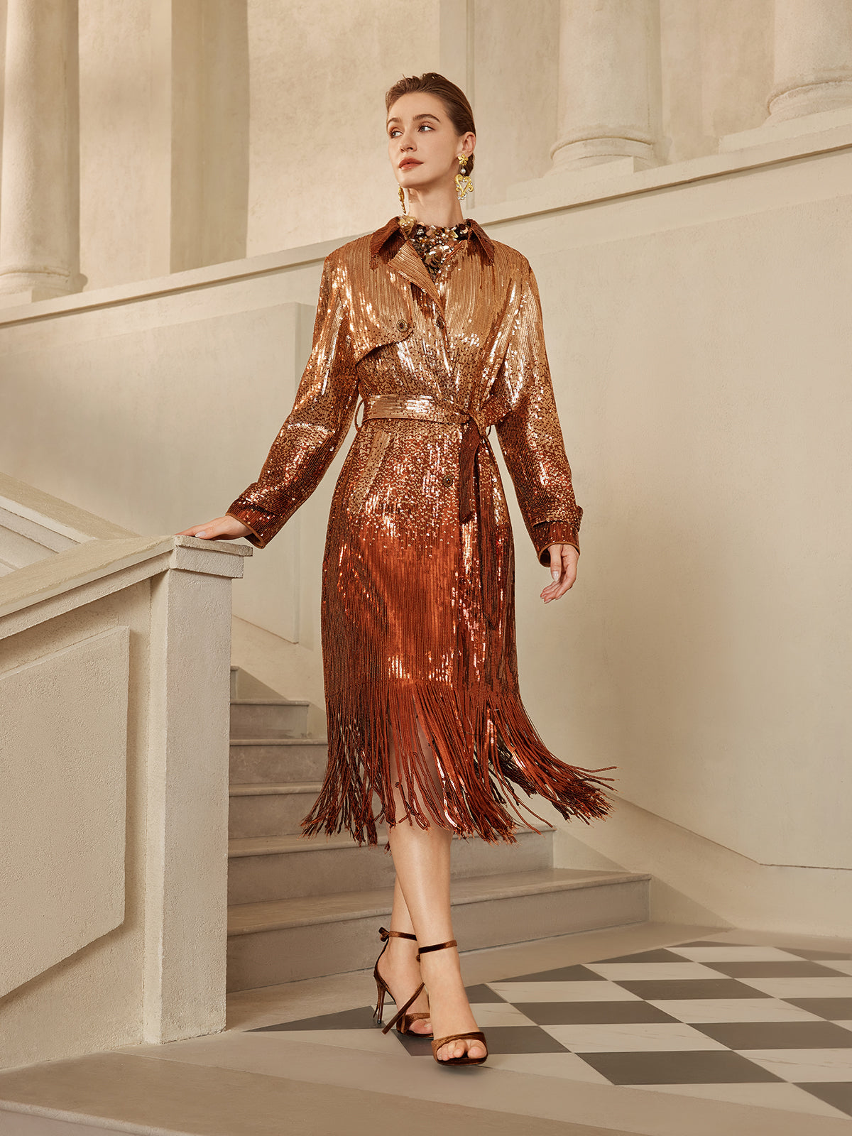 Gradient Sequin Fringe Trench Coat (Matching Belt Included)