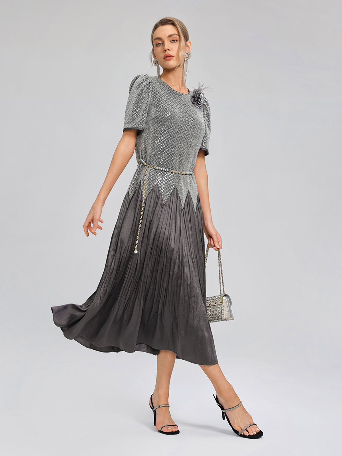 Sequin Puff-Sleeve Pleated Panel Dress (Floral Brooch & Waist Chain Included)