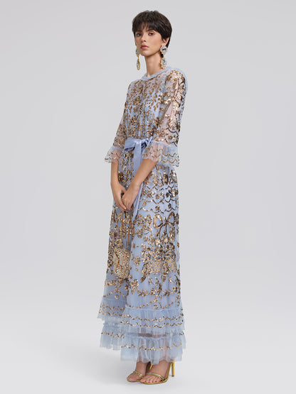 Gold Foil Mesh Heavywork Maxi Dress (Waist Tie Included)