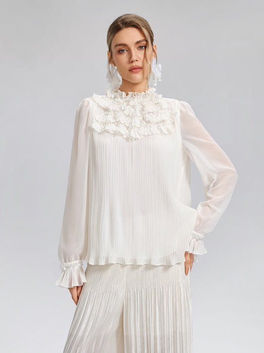 Pearl Beaded Fan Pleated Lantern Sleeve Blouse
