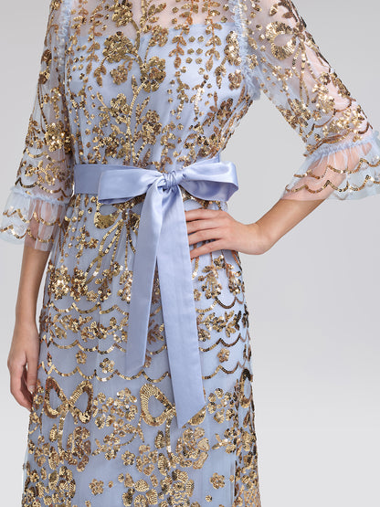 Gold Foil Mesh Heavywork Maxi Dress (Waist Tie Included)