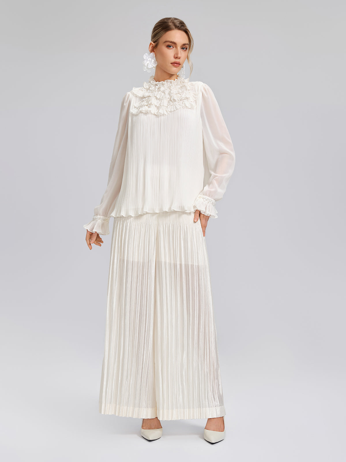 Pearl Beaded Fan Pleated Lantern Sleeve Blouse
