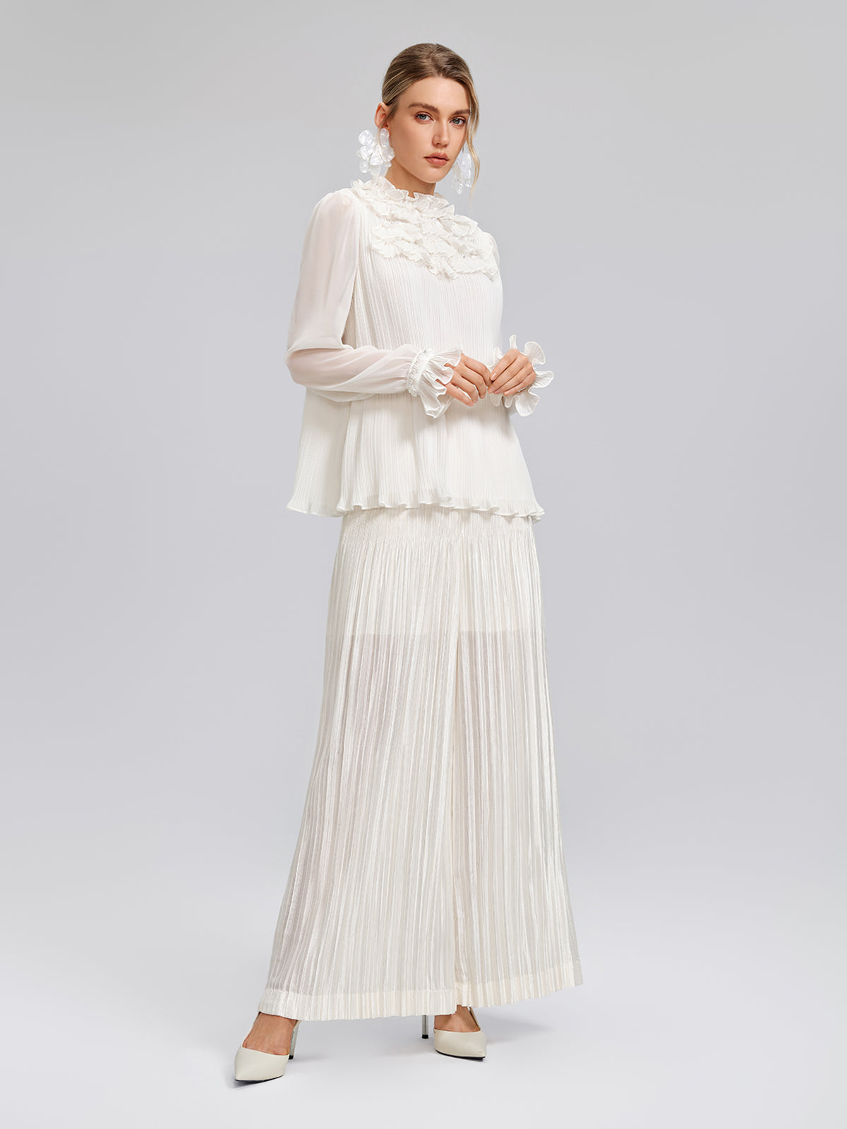Pearl Beaded Fan Pleated Lantern Sleeve Blouse