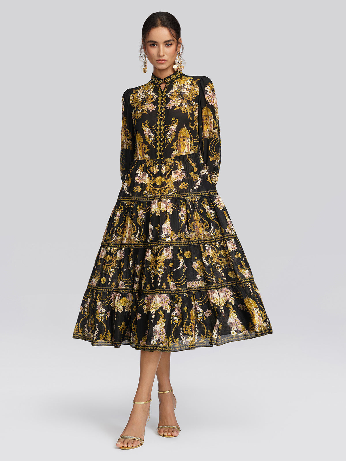 100% Silk Architectural Floral Print Tiered Dress