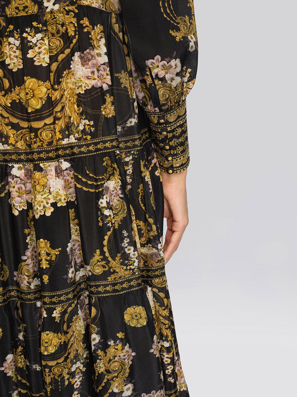 100% Silk Architectural Floral Print Tiered Dress