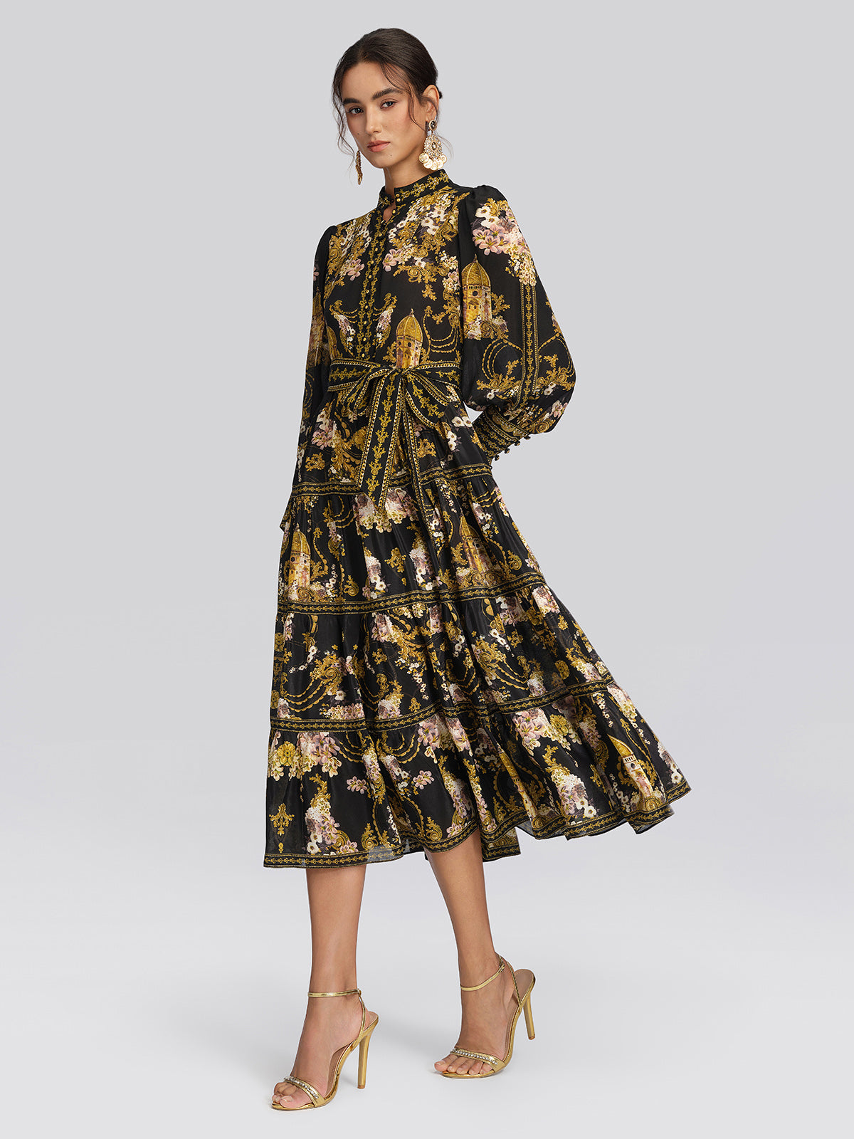 100% Silk Architectural Floral Print Tiered Dress