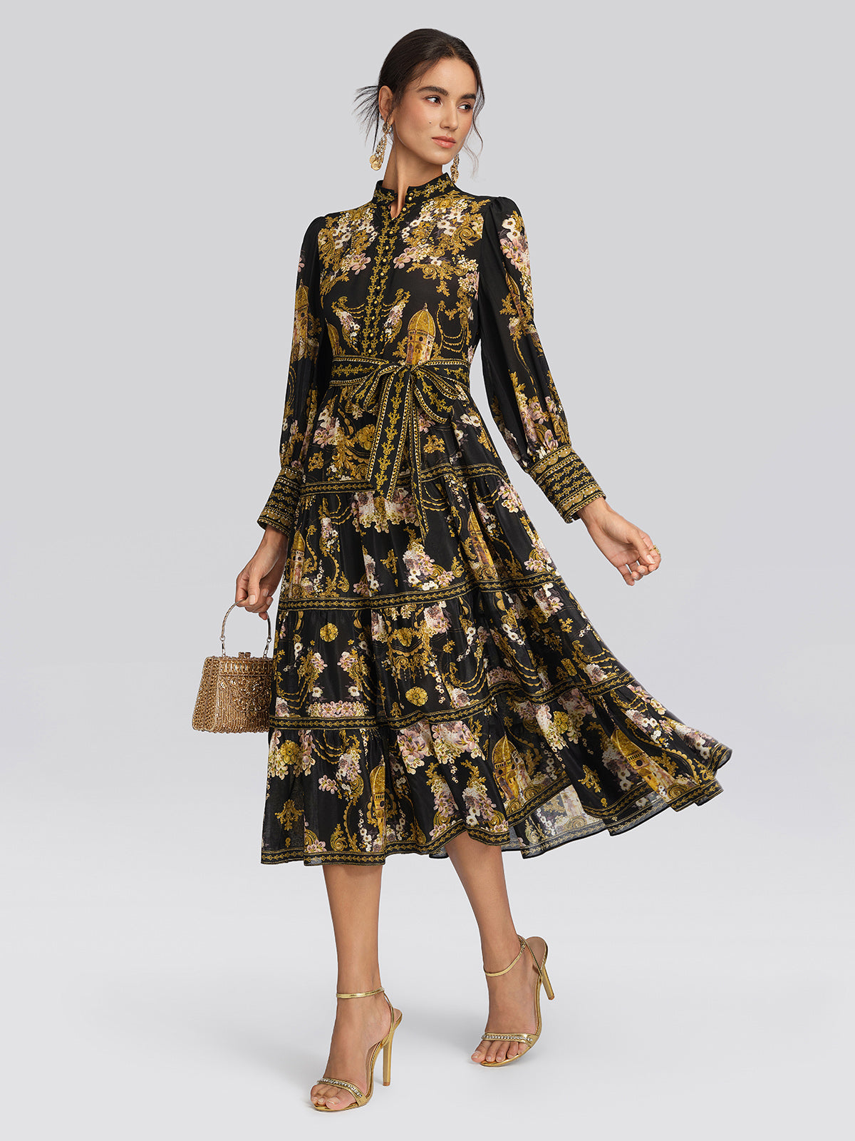 100% Silk Architectural Floral Print Tiered Dress