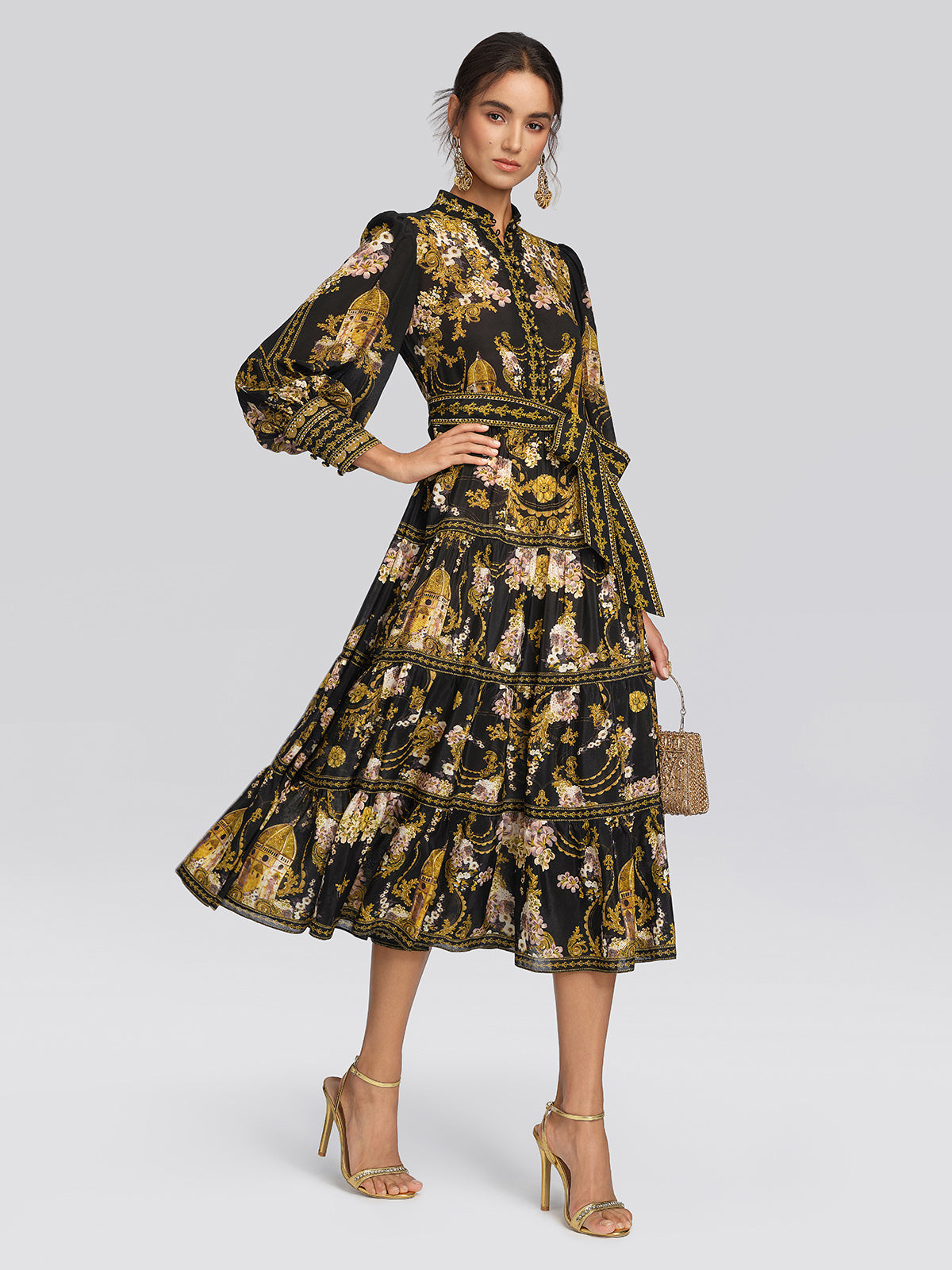 100% Silk Architectural Floral Print Tiered Dress