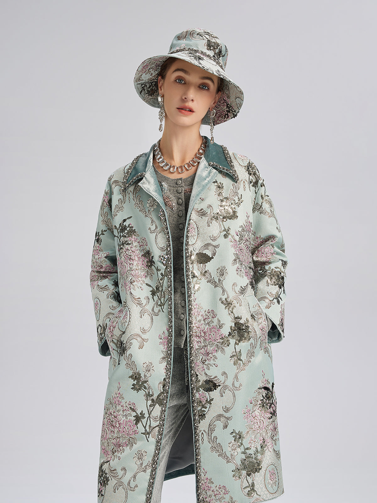 Hand-Beaded Sequin Floral Jacquard Hat