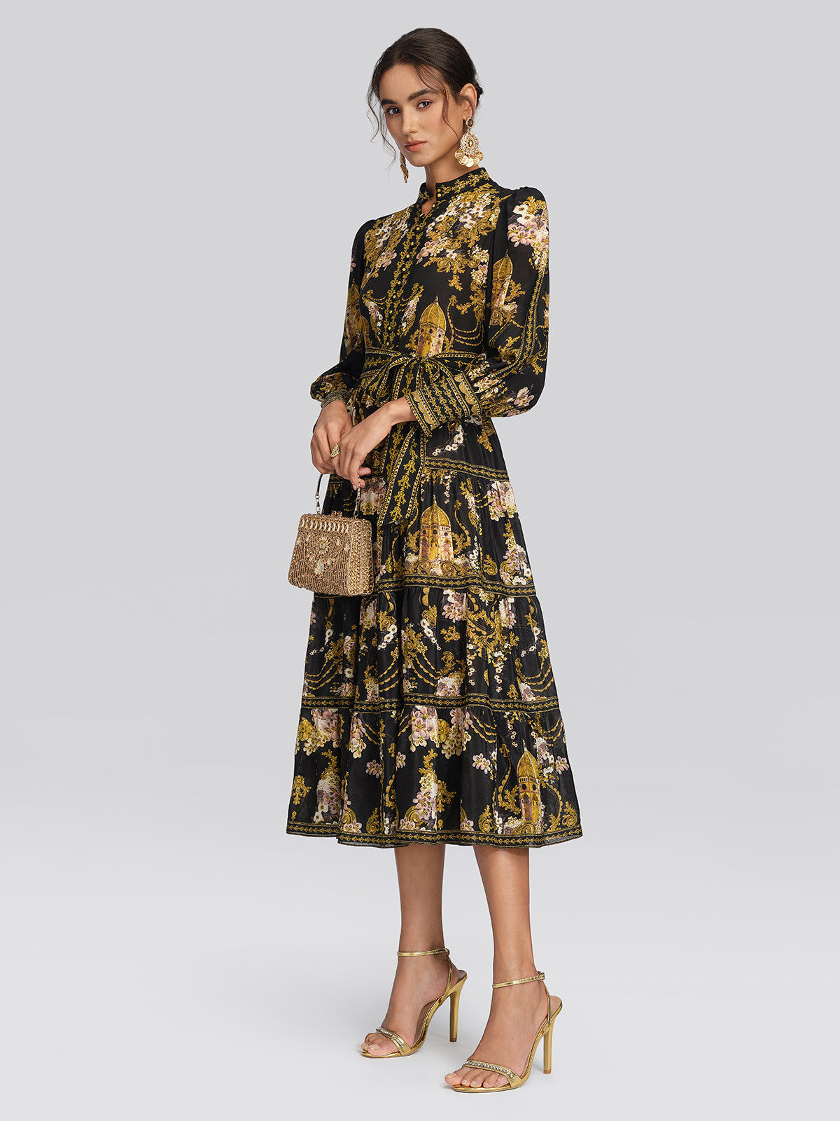 100% Silk Architectural Floral Print Tiered Dress
